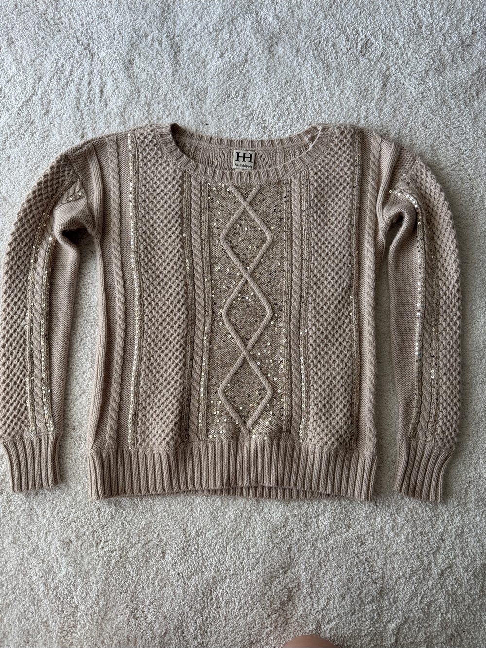 Haute Hippie Beige Cable-Knit Sequin Crewneck